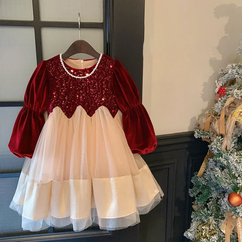 Vestido de terciopelo con lentejuelas y falda de tul para niña - imagen 3
