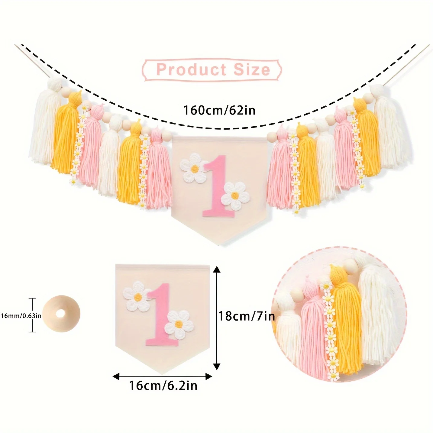 Daisy cartel primer cumpleaños - Pancarta con borlas para trona - imagen 5