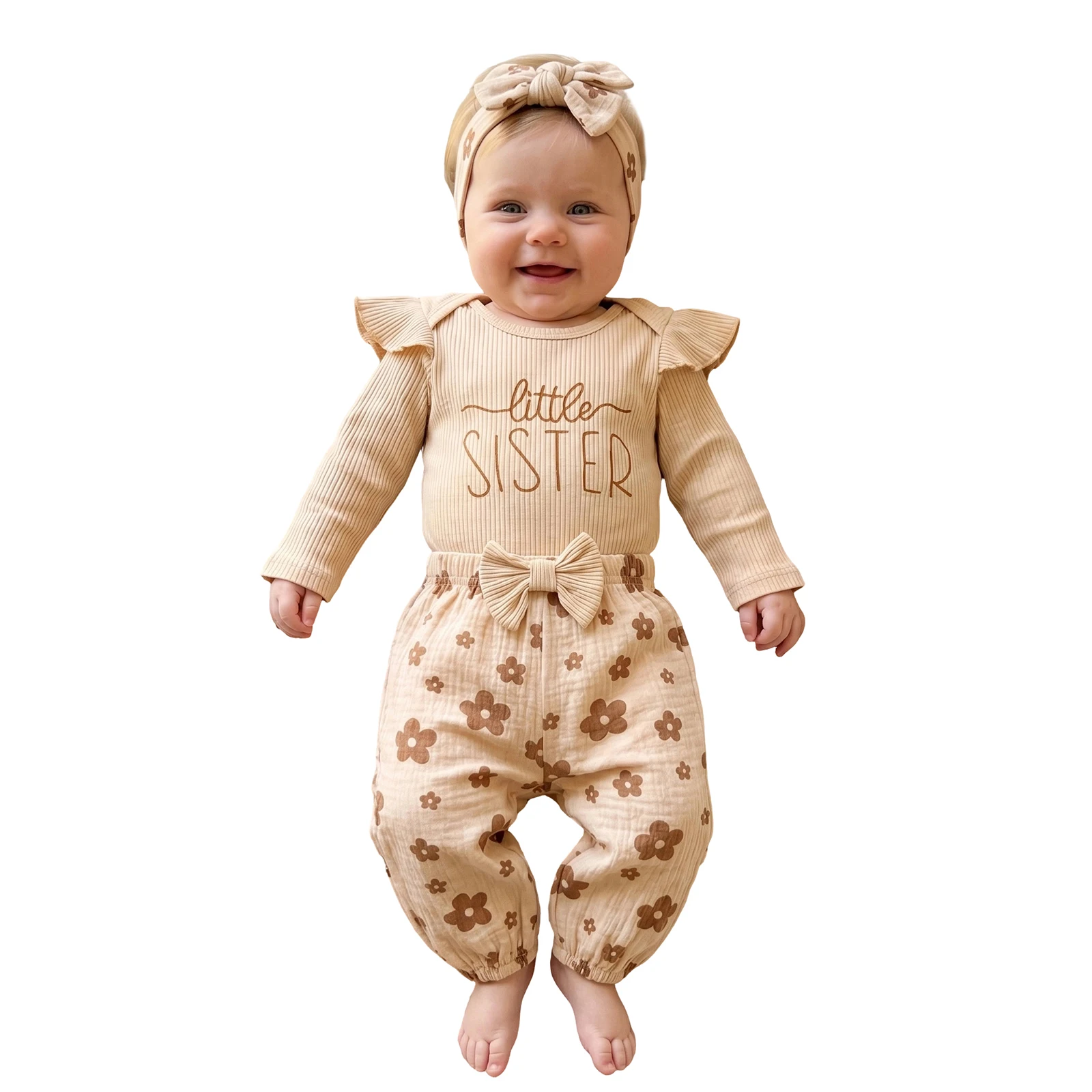 Conjunto recién nacido bebé niña bordado floral canalé y diadema - imagen 2