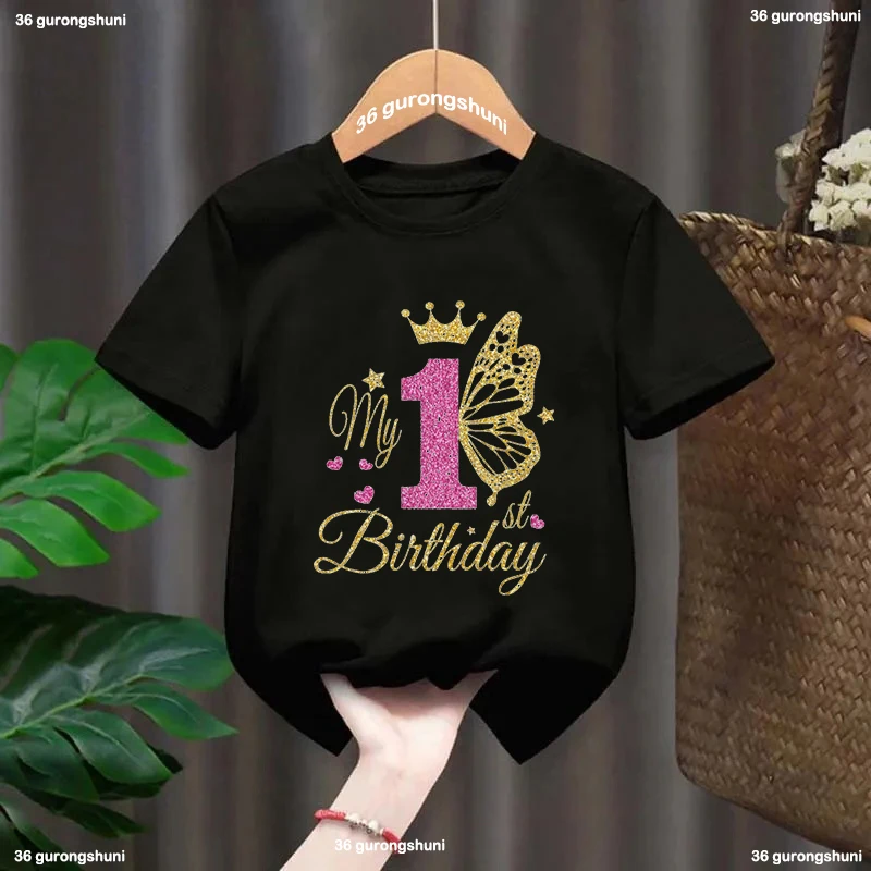 Camiseta de mariposas doradas para niña, negra, manga corta - imagen 4
