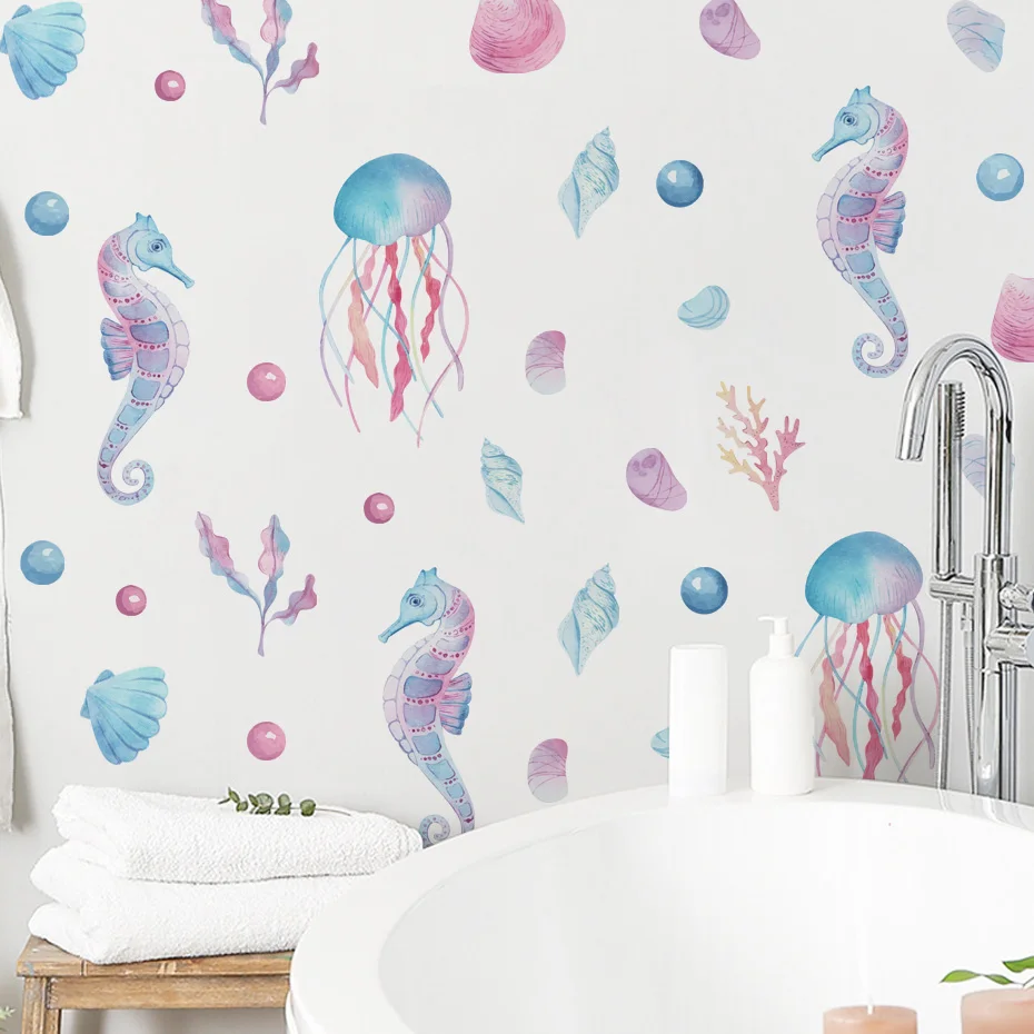 Pegatinas de pared de medusas y caballitos de mar acuarela