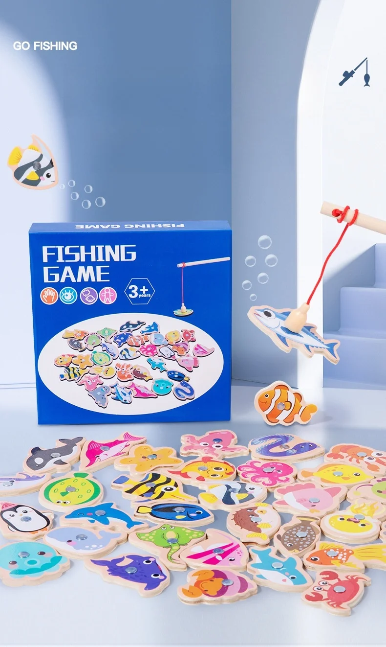 Juguete de pesca magnético de madera con tema marino