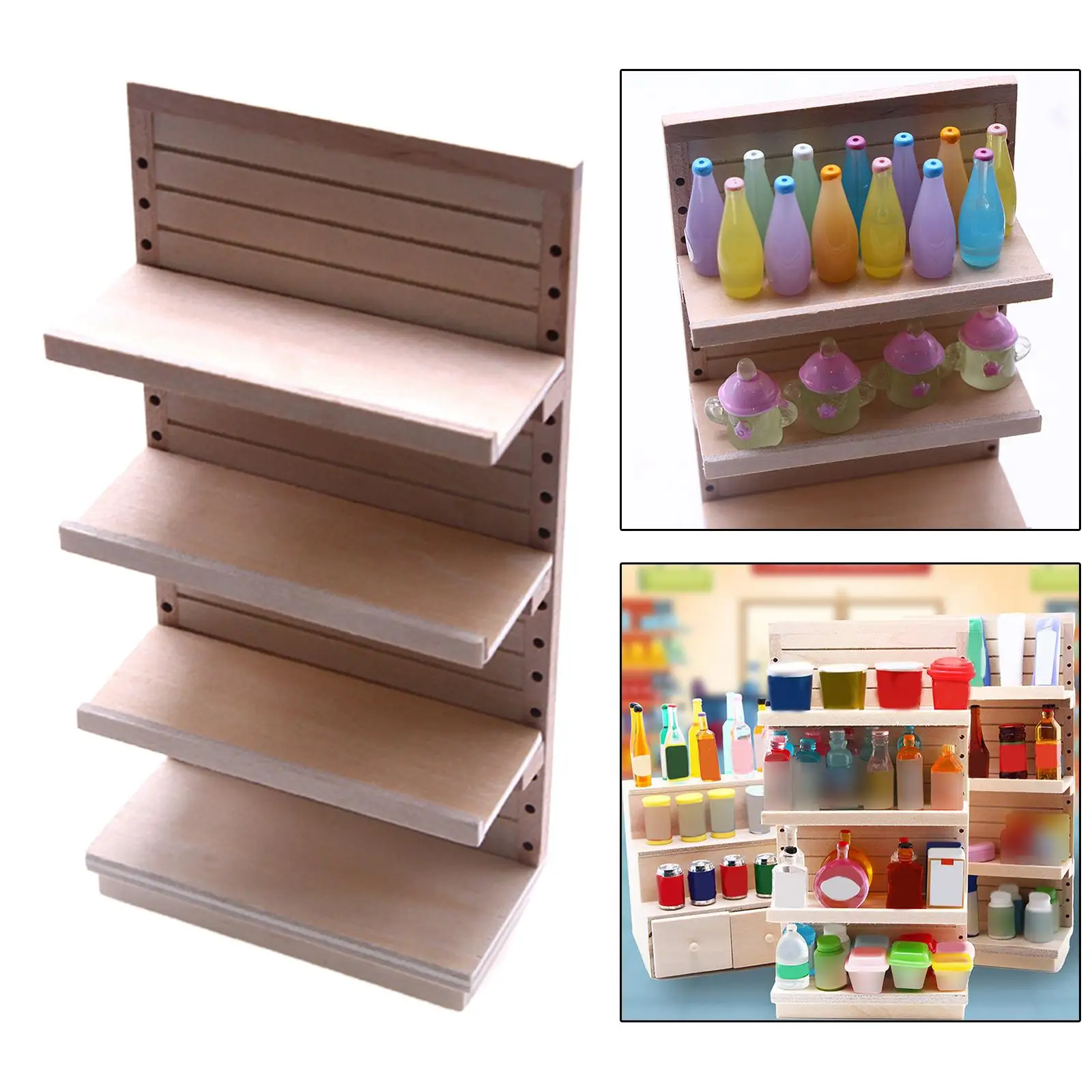 Estantería en madera para casa de muñecas con mini vasos y latas - imagen 2