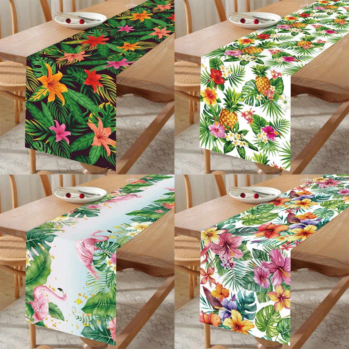 Camino de mesa tropical con diseño de hibisco y flamenco