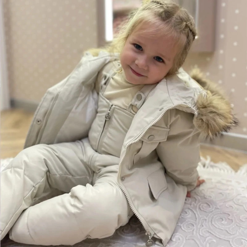 Conjunto invernal chaqueta y pelele para bebés, cuello de piel - imagen 2