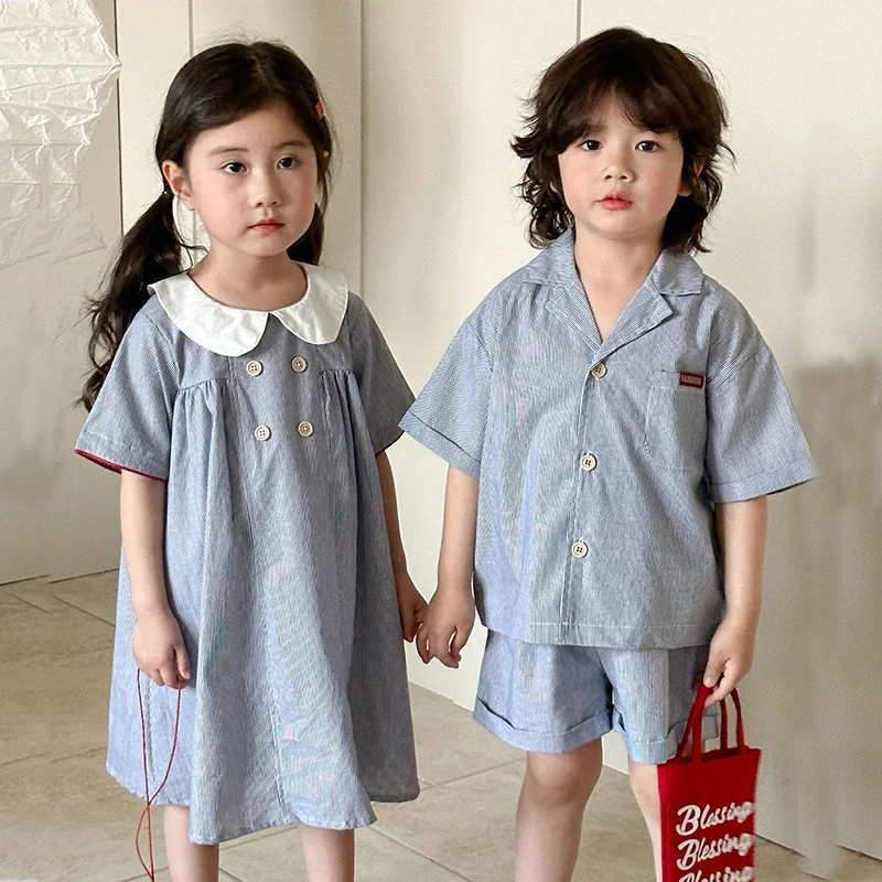 Conjunto hermanos verano: camisa de rayas y vestido cuello Peter Pan - imagen 3