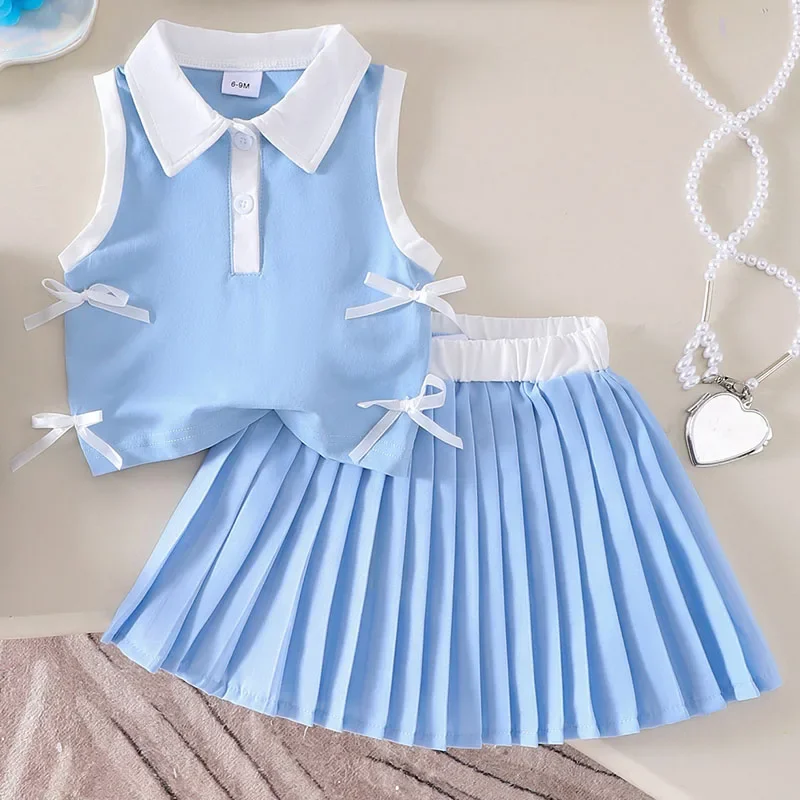 Conjunto verano bebé niña de algodón – blusa sin mangas lazo y falda