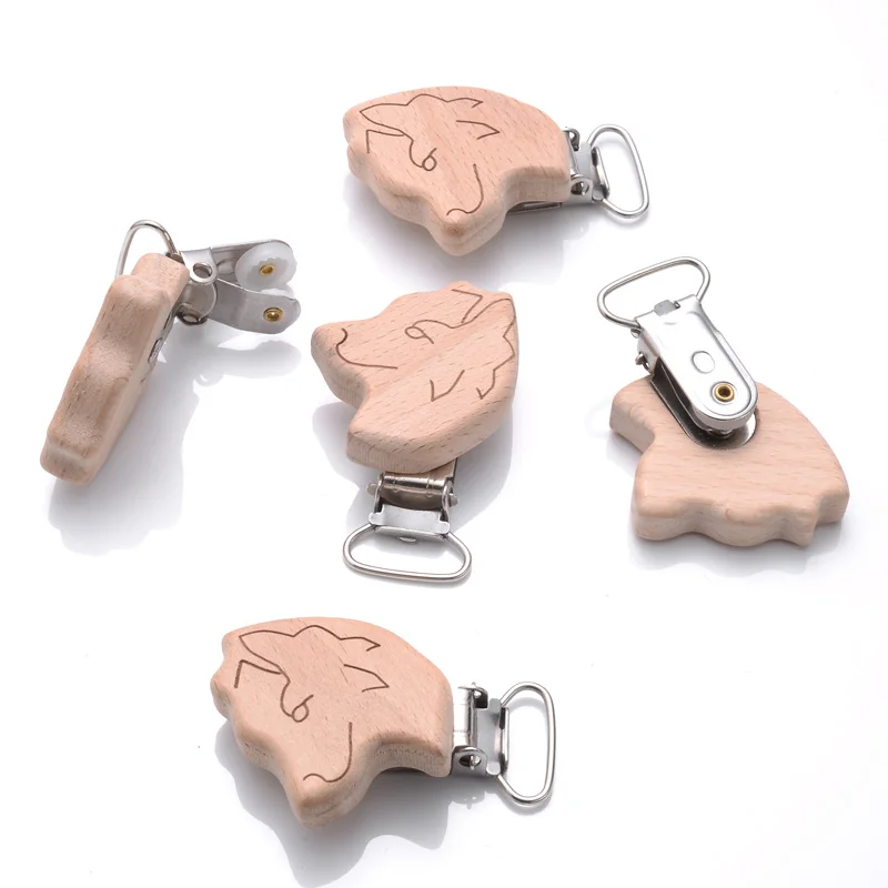 Clip para chupete de madera de haya con estampado de animales – Anticaída - imagen 3