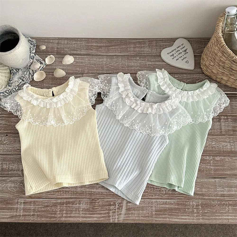 Camiseta blusa verano bebé con rayas, cuello encaje y sin mangas - imagen 5