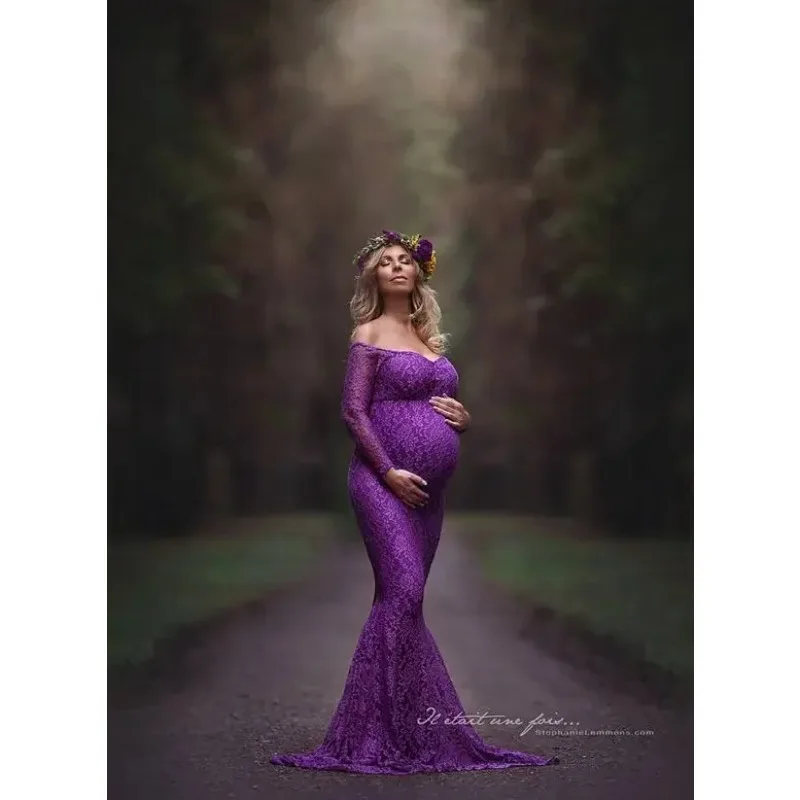 Vestido de maternidad de encaje de manga larga con un hombro para fotos - imagen 5