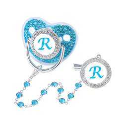 Clip chupete personalizado con iniciales y circonita azul para bebé