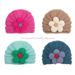 85AE Gorro de punto bebé cálido con flores, lana transpirable