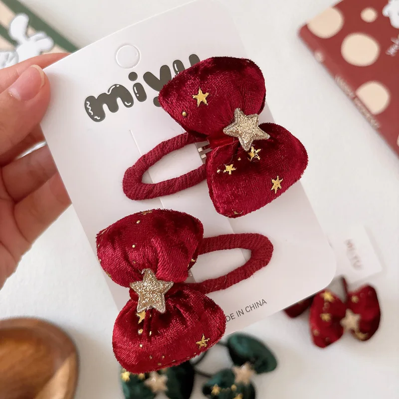 Pinzas para el pelo – Lazo estrella purpurina navideña rojas festivas - imagen 4