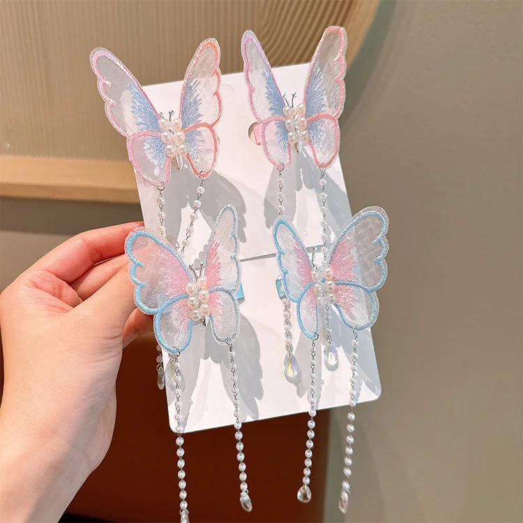 Horquillas mariposa de tela con borla para el pelo infantil niños