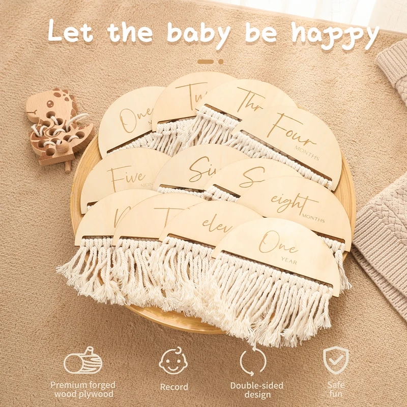 Tarjetas de hito para bebé con borla de madera y foto recién nacido - imagen 5