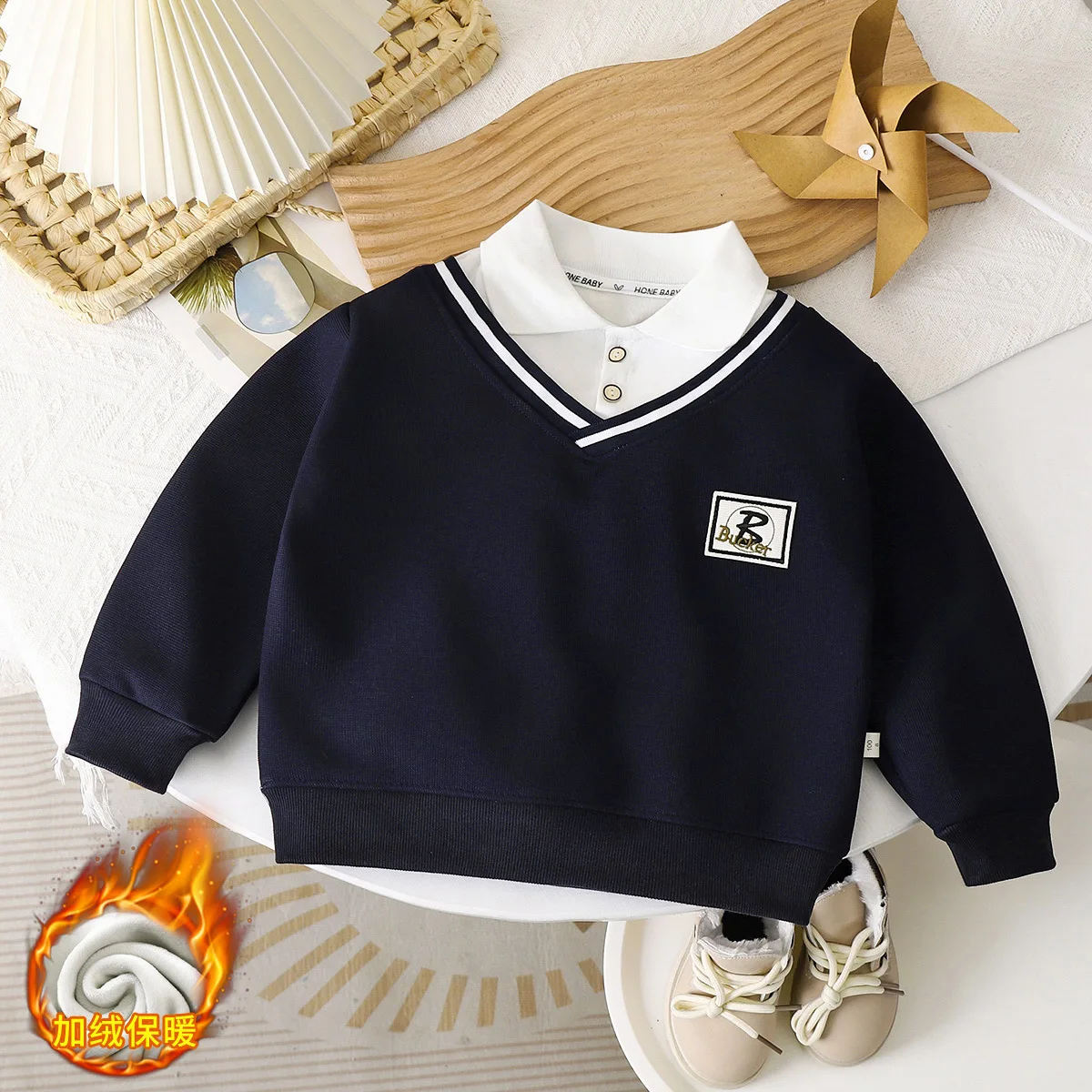 Camiseta polo niño terciopelo cálido manga larga invierno suave - imagen 5