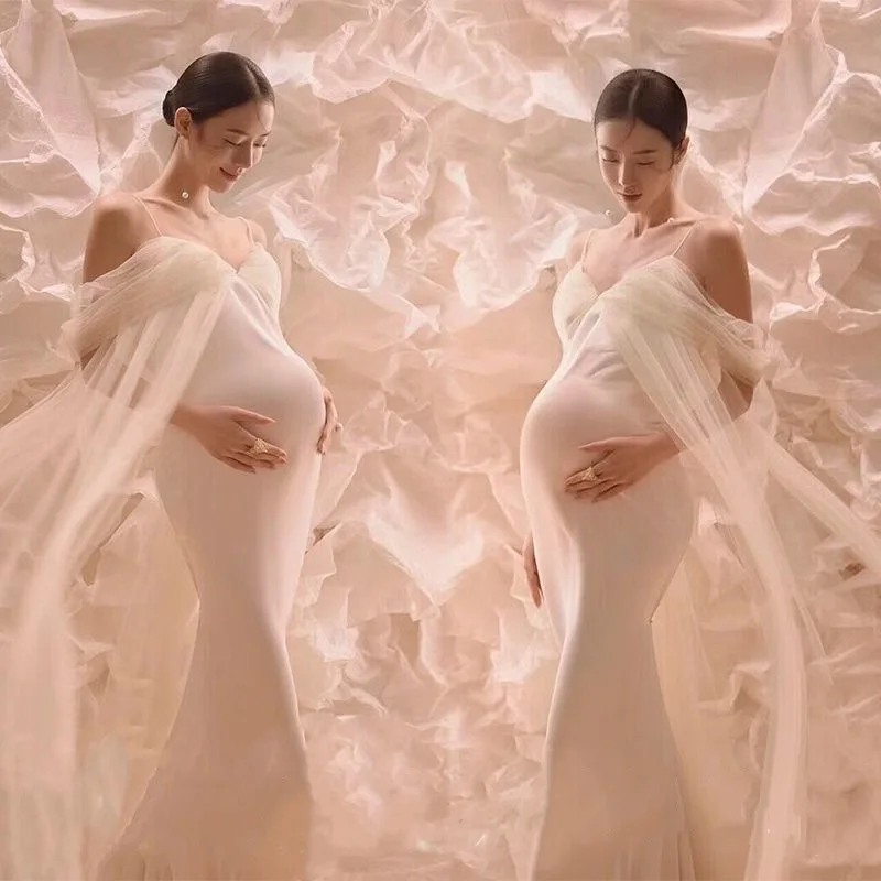 Vestido de maternidad maxi con cuello en V y encaje suave elástico - imagen 3