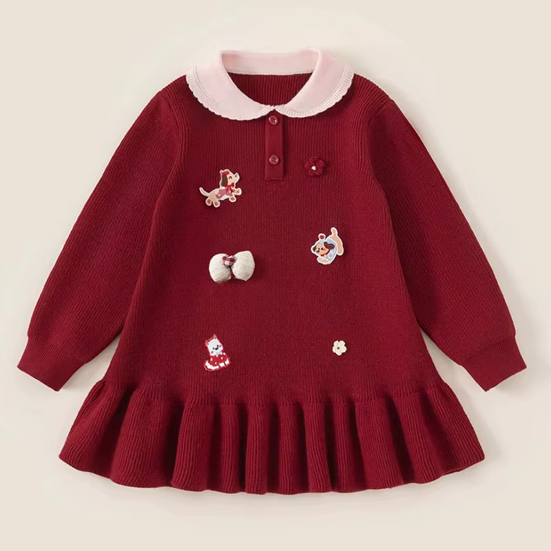 Vestido de invierno rojo para niña estilo princesa, tejido cálido