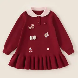 Vestido de invierno rojo para niña estilo princesa, tejido cálido