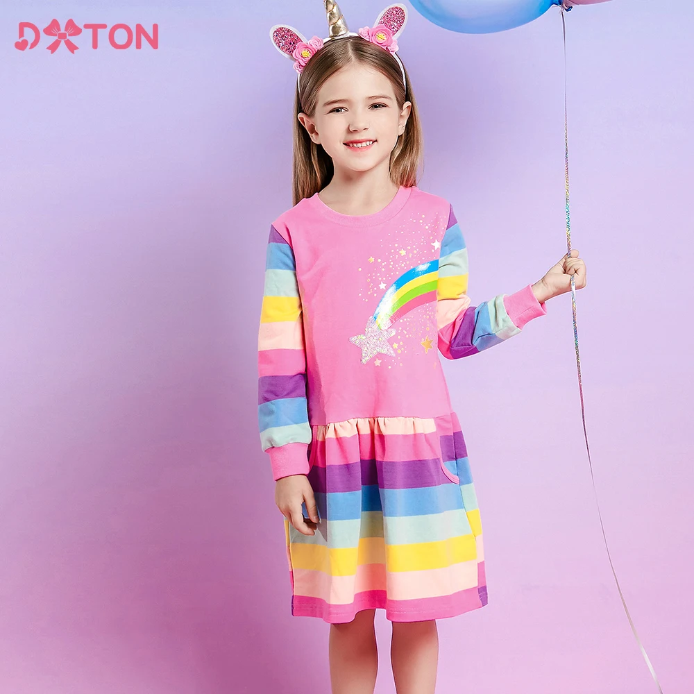 DXTON vestido de niña a rayas arcoíris manga larga algodón - imagen 3