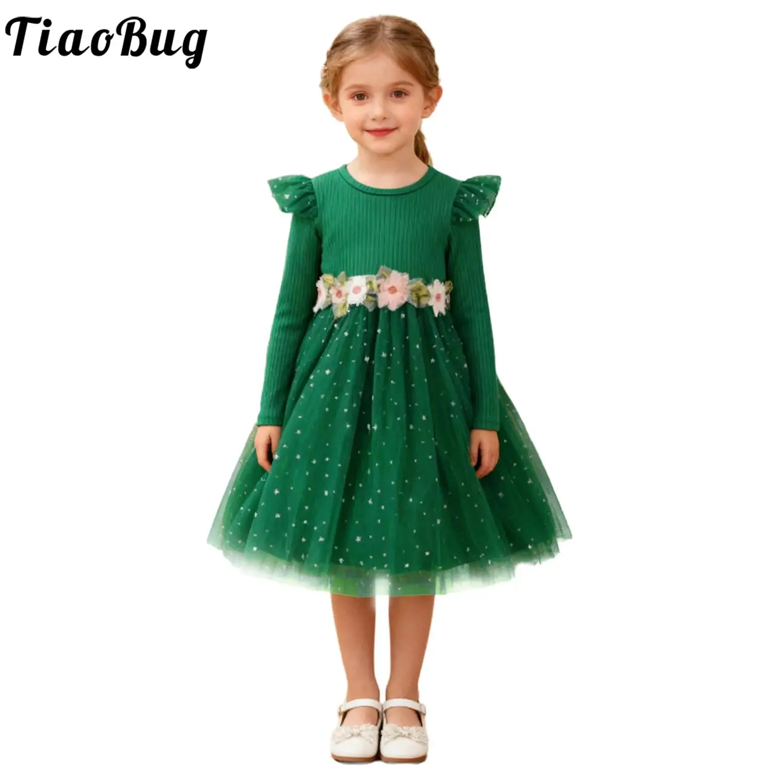 Vestido de tul floral con manga larga acanalada para niña