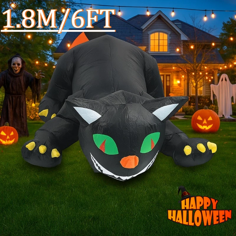 Gato inflable Halloween con luz LED integrada y cabeza vibrante