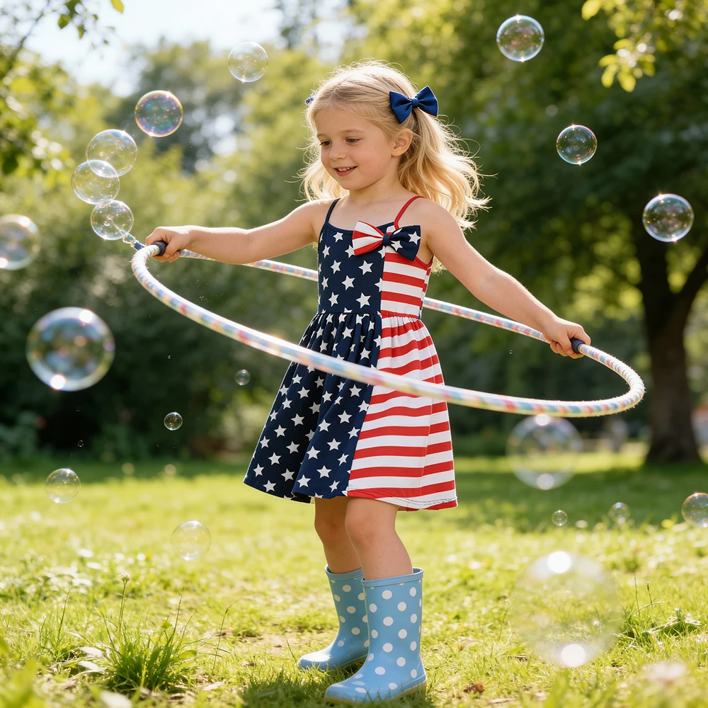 DXTON Vestido con tirantes ajustables – Patchwork y lazo estrella niños - imagen 5