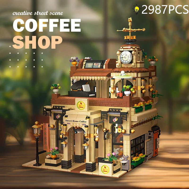 Bloques de construcción cafetería estilo vintage con luz para jugar