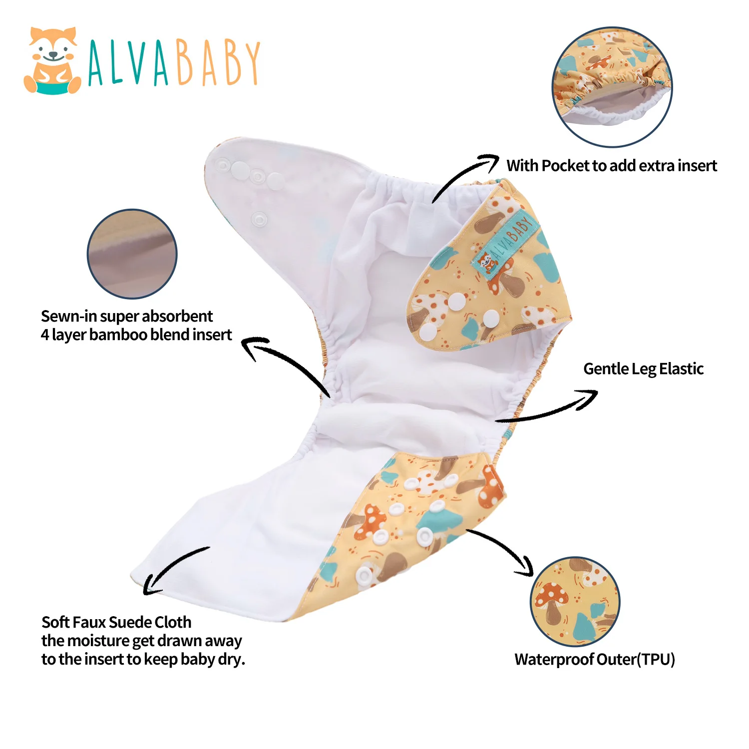 AlvaBaby Pañal reutilizable de tela bambú para bebé - imagen 3