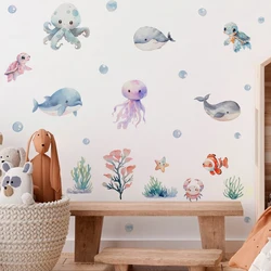 Adhesivo de pared de ballena acuarela con animales marinos