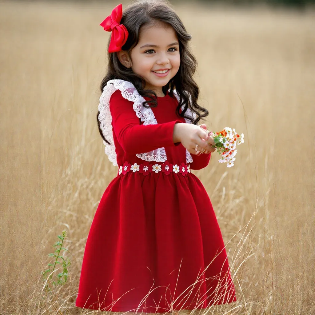 Vestido de niña con encaje floral, manga larga, primavera-otoño - imagen 3