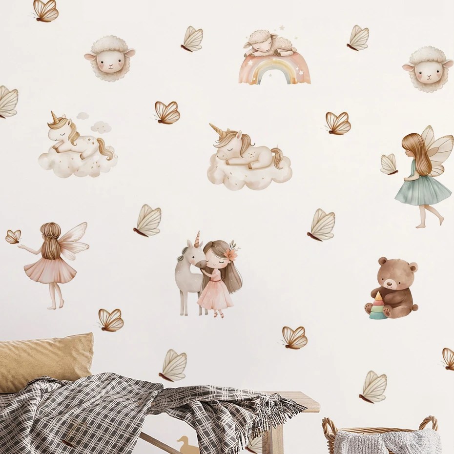 Composición completa con oso, unicornio y arcoíris