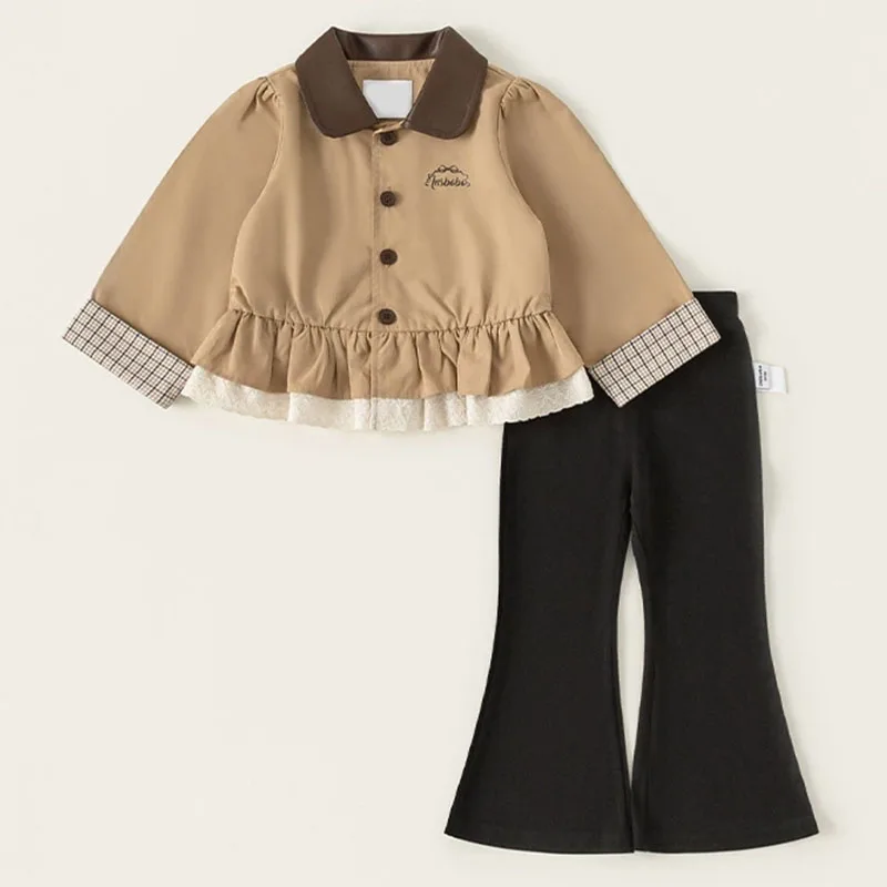 Conjunto niña con cuello polipiel a cuadros camiseta y pantalón campana - imagen 4