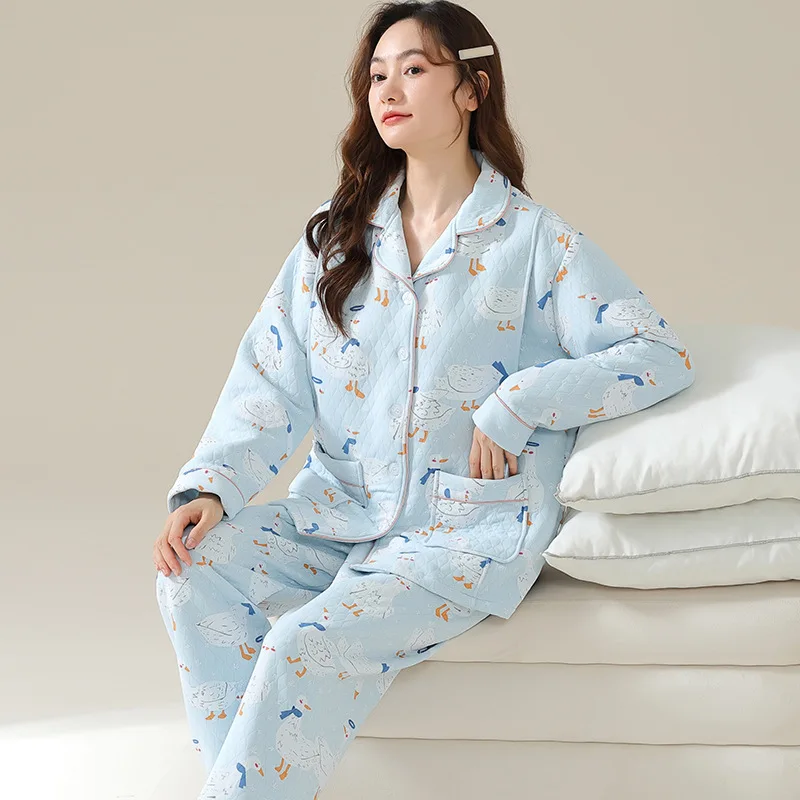 Pijama de lactancia invernal cálido de algodón grueso para mujer - imagen 4