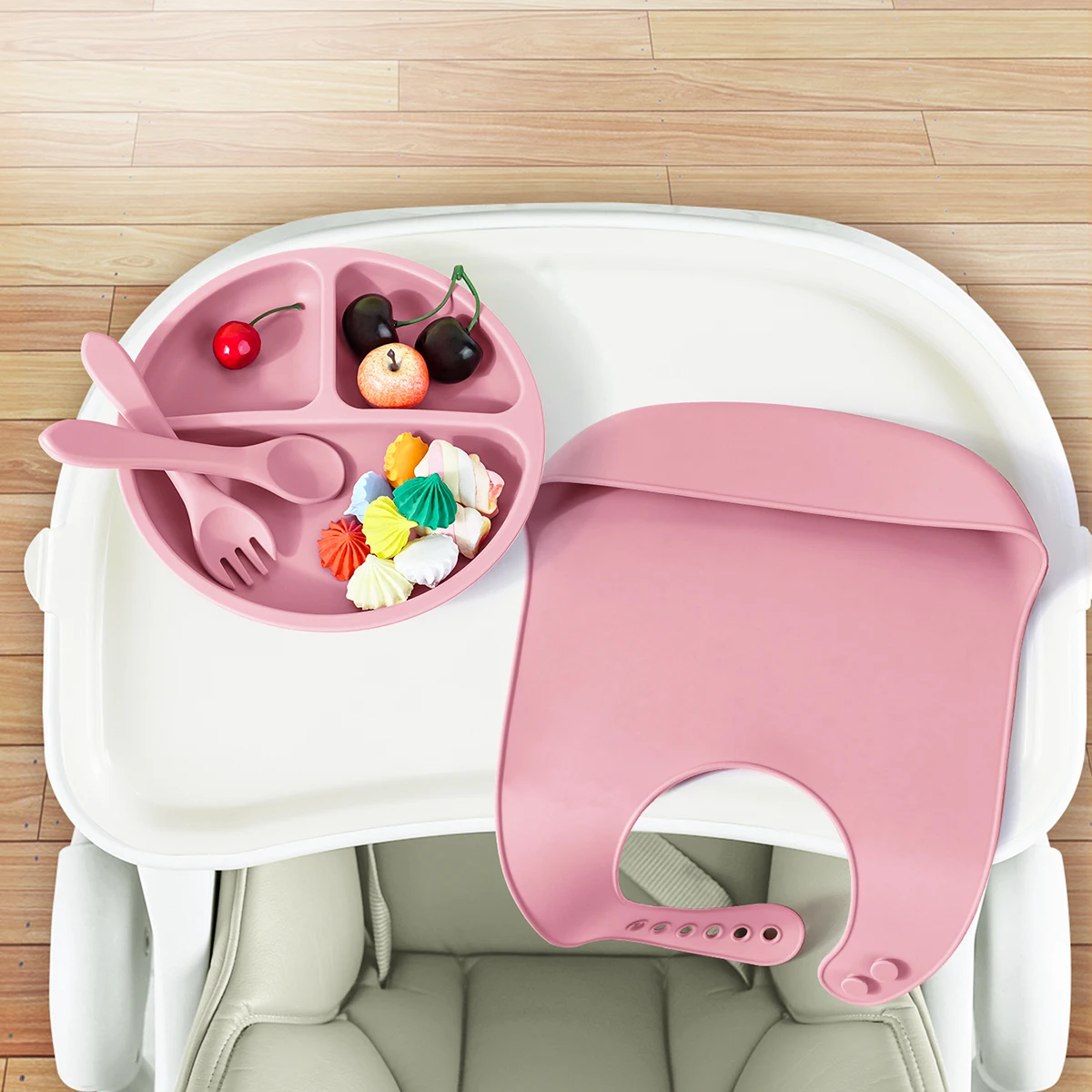 Set alimentación bebé silicona mango madera cubiertos y babero sin BPA - imagen 4
