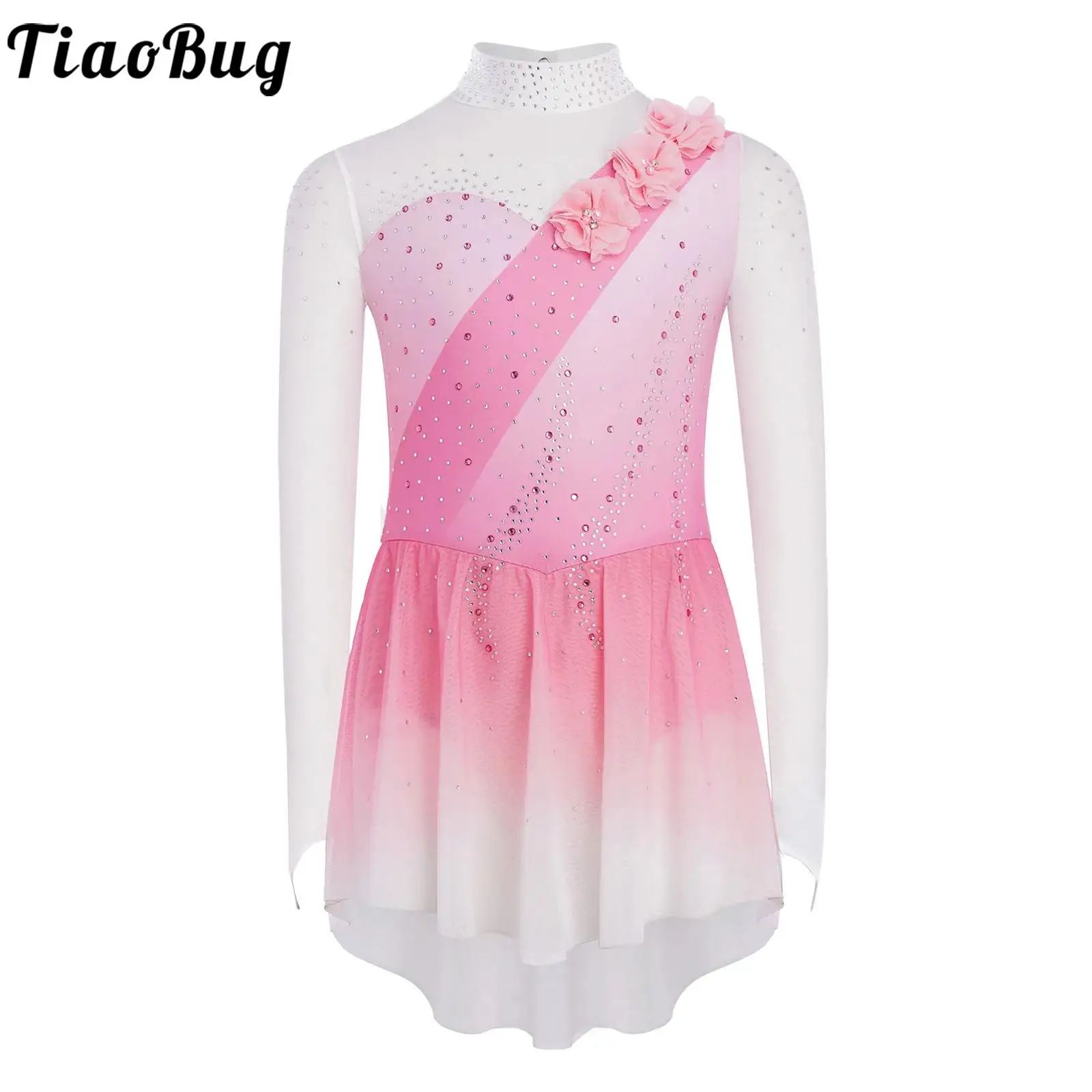 Vestido patinaje artístico para niñas con pedrería y malla floral