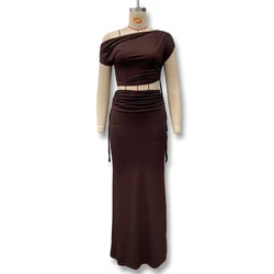 Vestido premamá largo dos piezas – Hombros descubiertos marrón