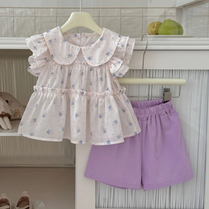 Traje de verano para niña con chaleco y pantalón corto floral - imagen 2