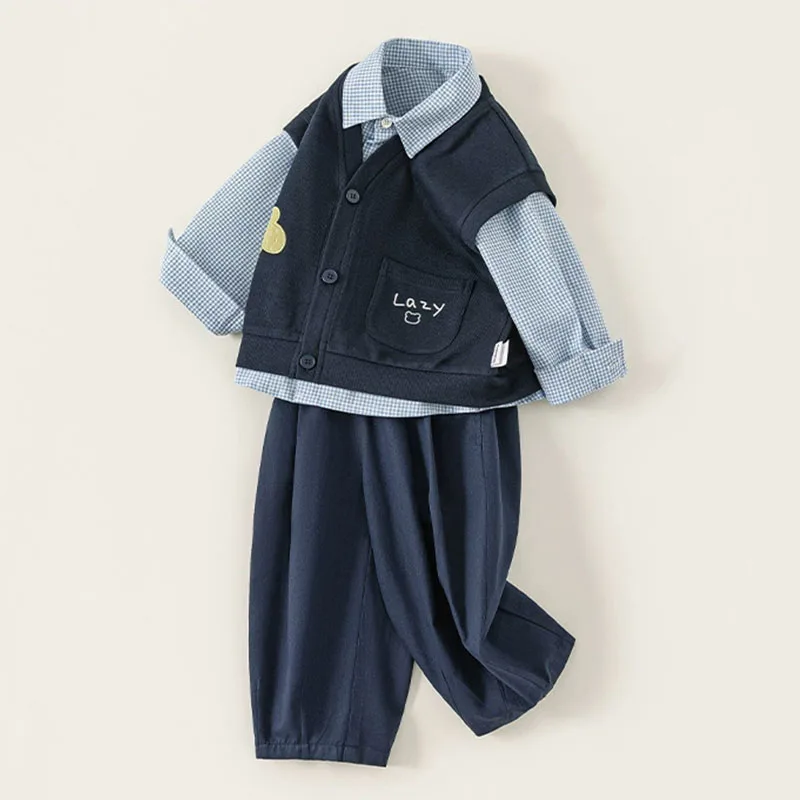 Conjunto de otoño para bebé a cuadros: camiseta, chaleco y pantalón - imagen 3