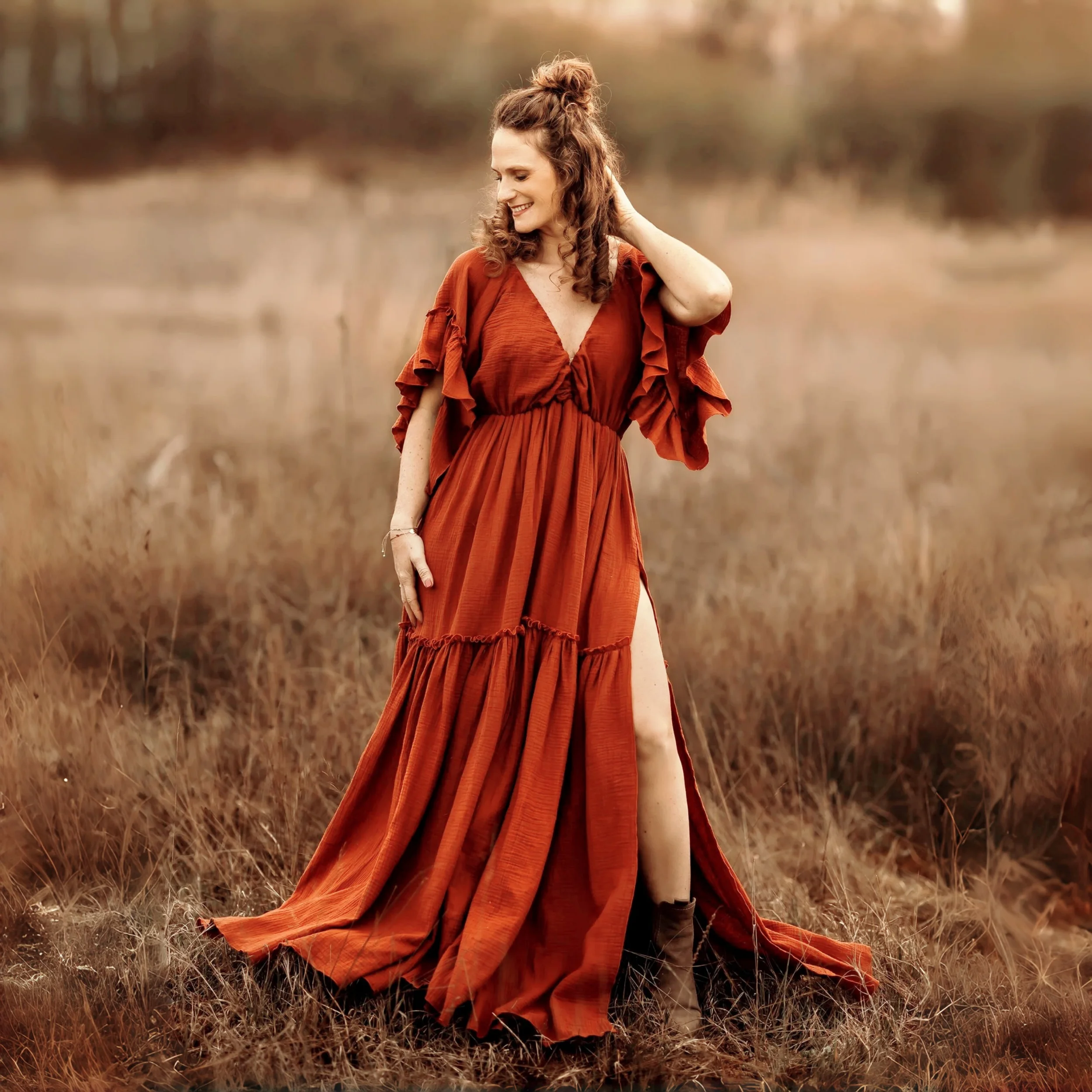 Vestido largo boho embarazo fotografía