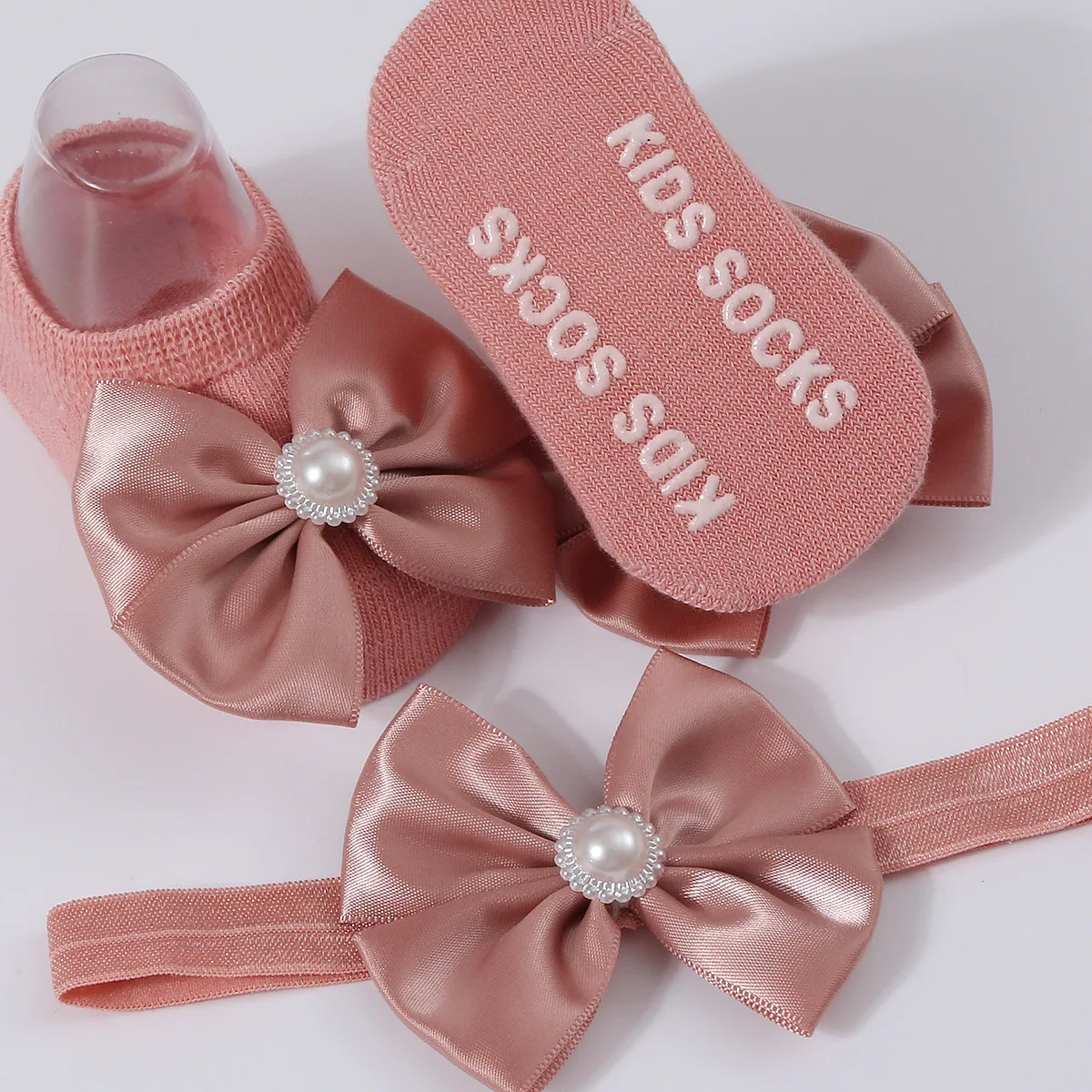Conjunto diademas lazo perlas y calcetines suaves algodón bebé niña - imagen 4