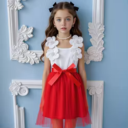 Vestido princesa rojo de flores para niña de manga corta verano