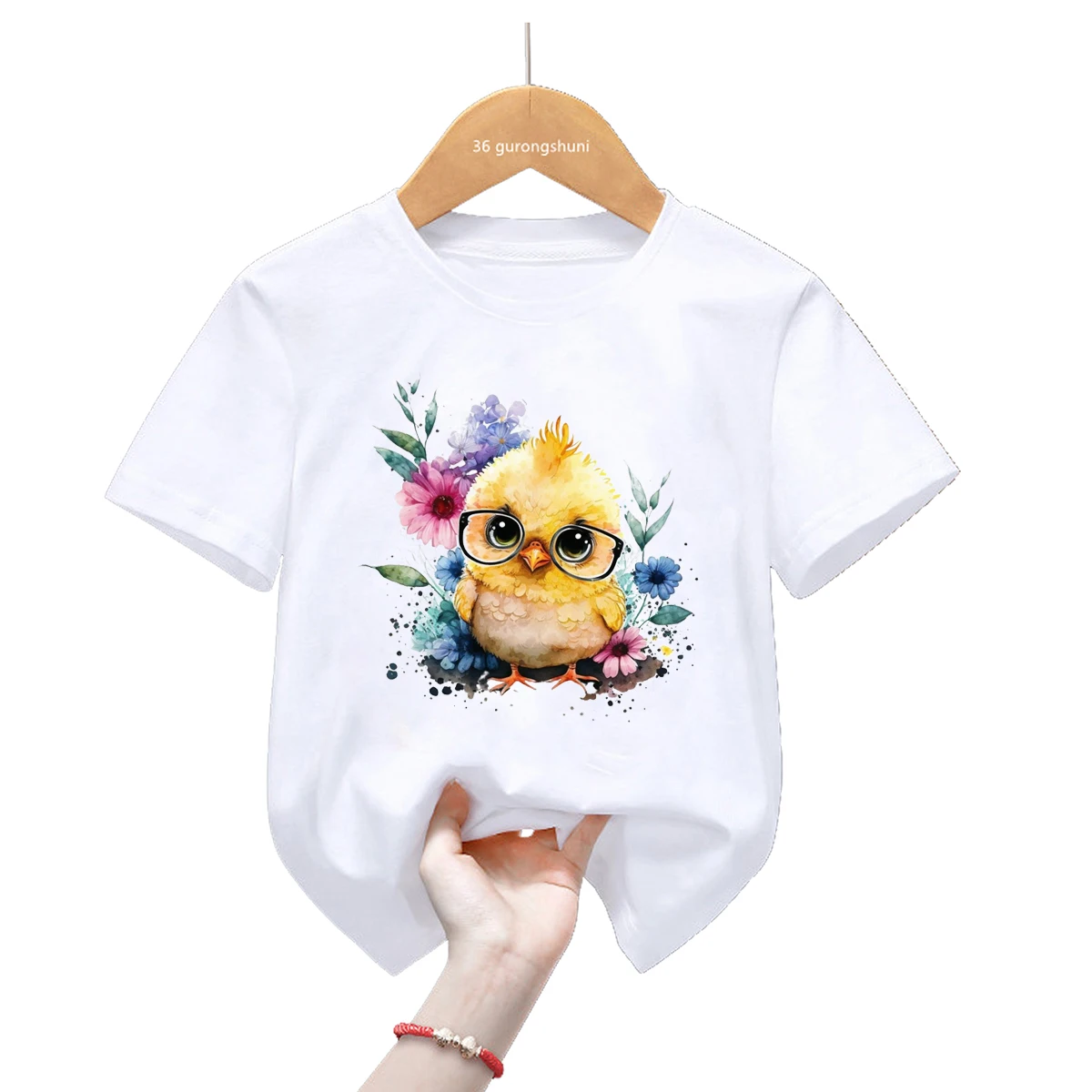 Camiseta infantil de verano con estampado de pollito – Colores pastel