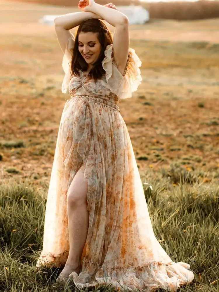 Vestido de maternidad bohemio de gasa para sesión de fotos