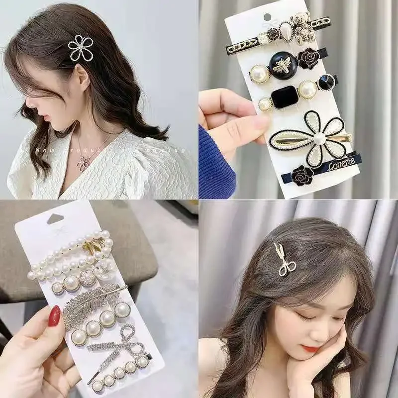 Clips laterales con perlas y flores geométricas para niñas modernas - imagen 3