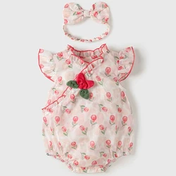 Conjunto verano bebé niña: mono algodón malla con flores + diadema