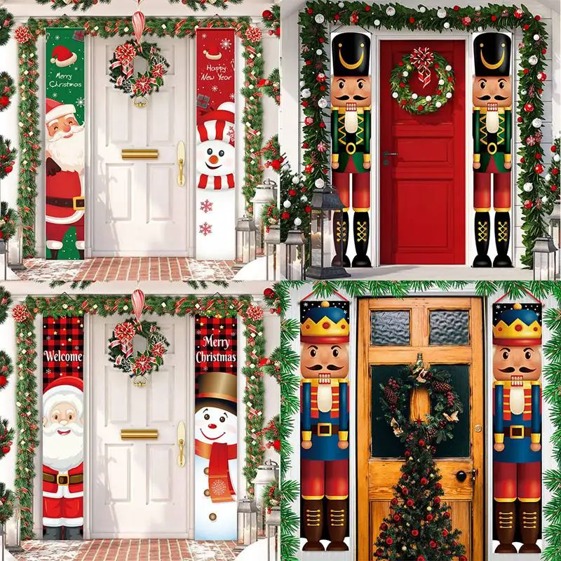 Banner navideño colgado en puerta principal