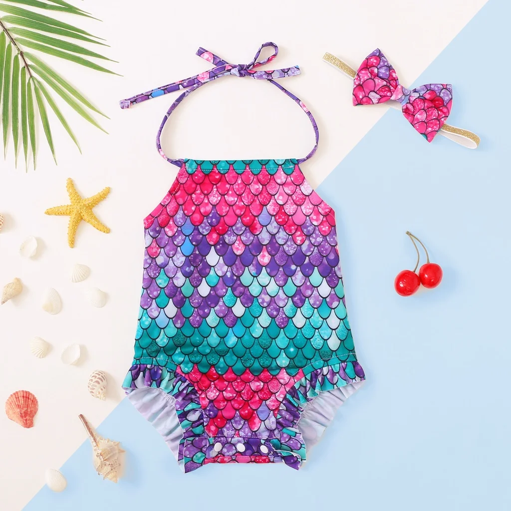 Bañador sirena infantil para bebé – Traje playero suave con diadema