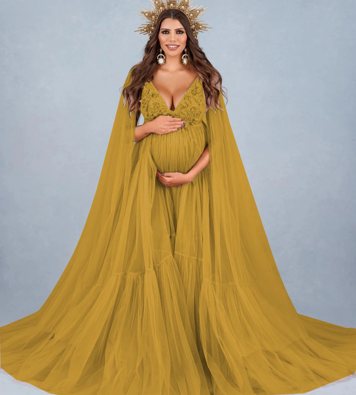 Vestido de maternidad en encaje con perlas y capa para fotos - imagen 4