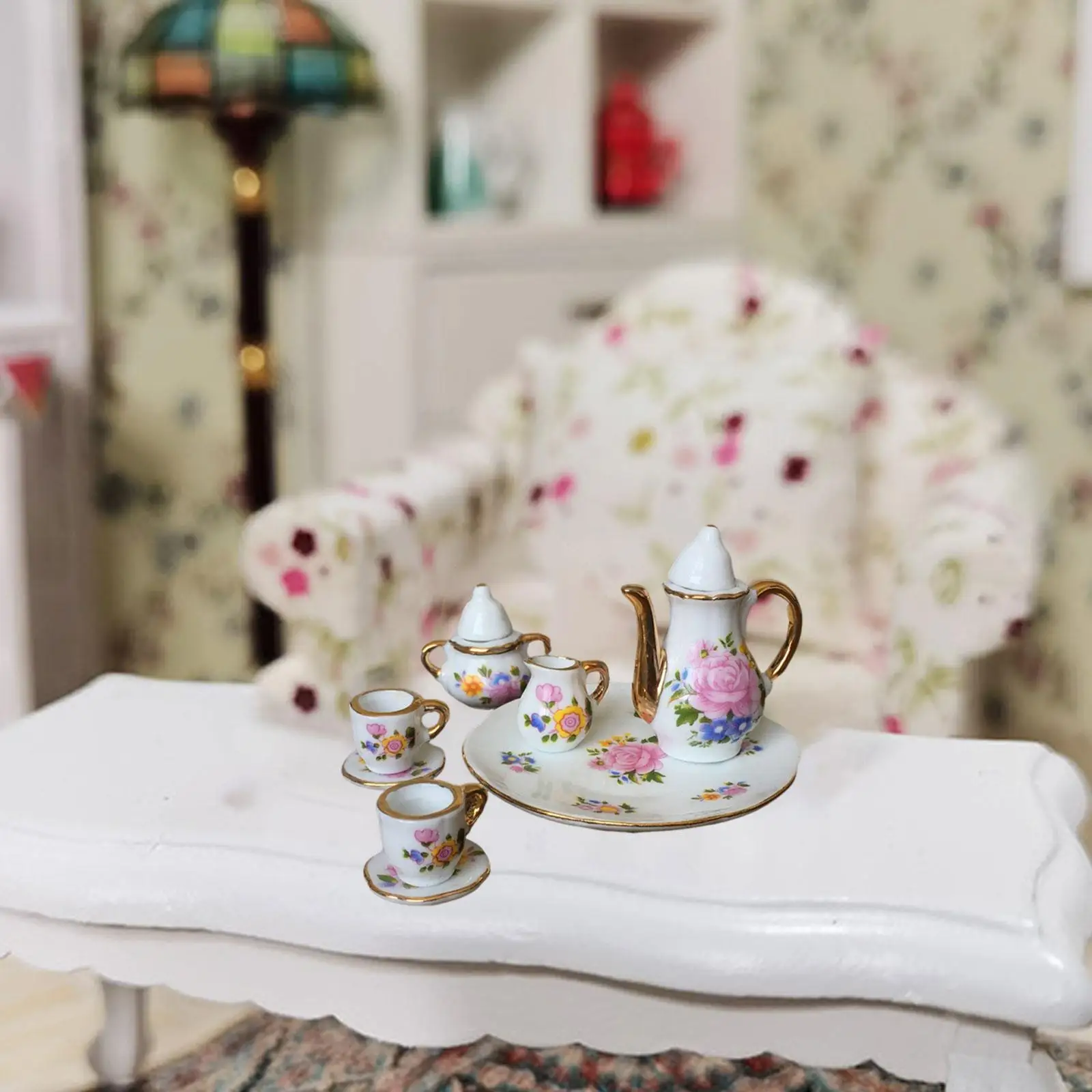 Juego de té en miniatura con tetera floral, plato y jarra - imagen 2
